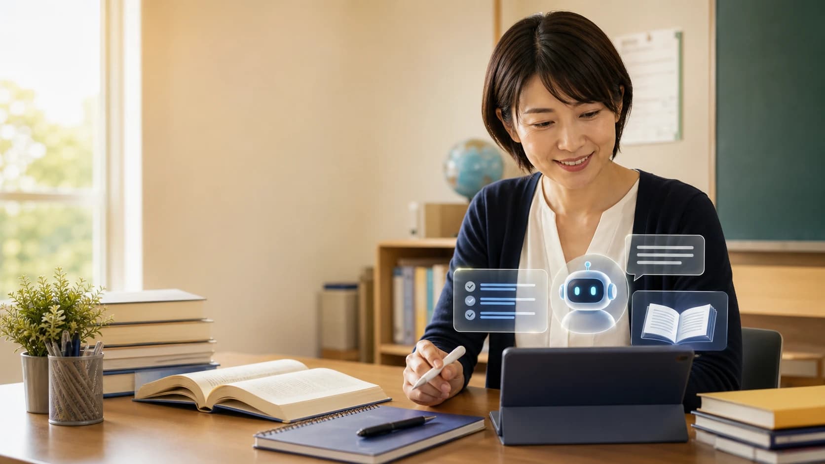 夜遅くに学習塾への問い合わせを送る保護者と、AIが即座に応答するイメージ