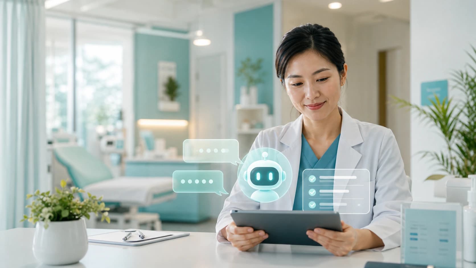 深夜に症状を検索しながらクリニックの AI 相談窓口で質問する患者様のイメージ