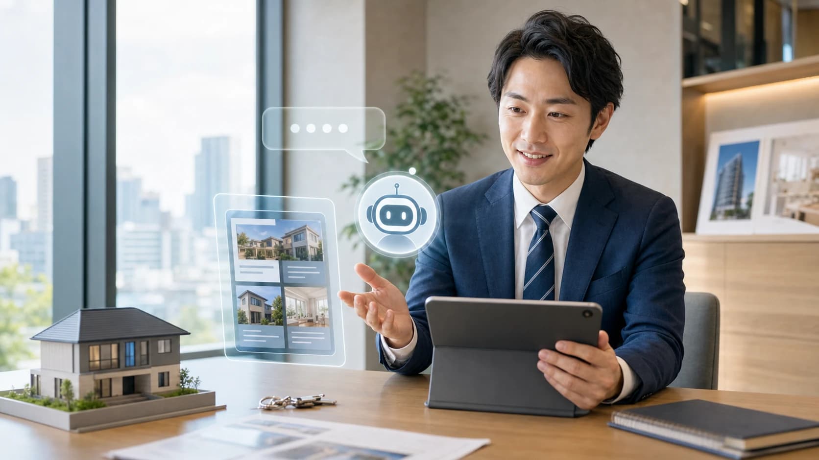 夜遅くに賃貸物件の条件を AI と相談し、内見予約まで進むイメージ