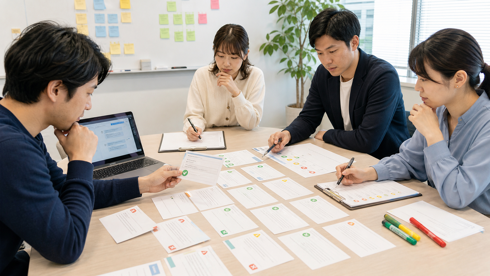 AIチャットボットのテスト質問を判定表で評価するイメージ