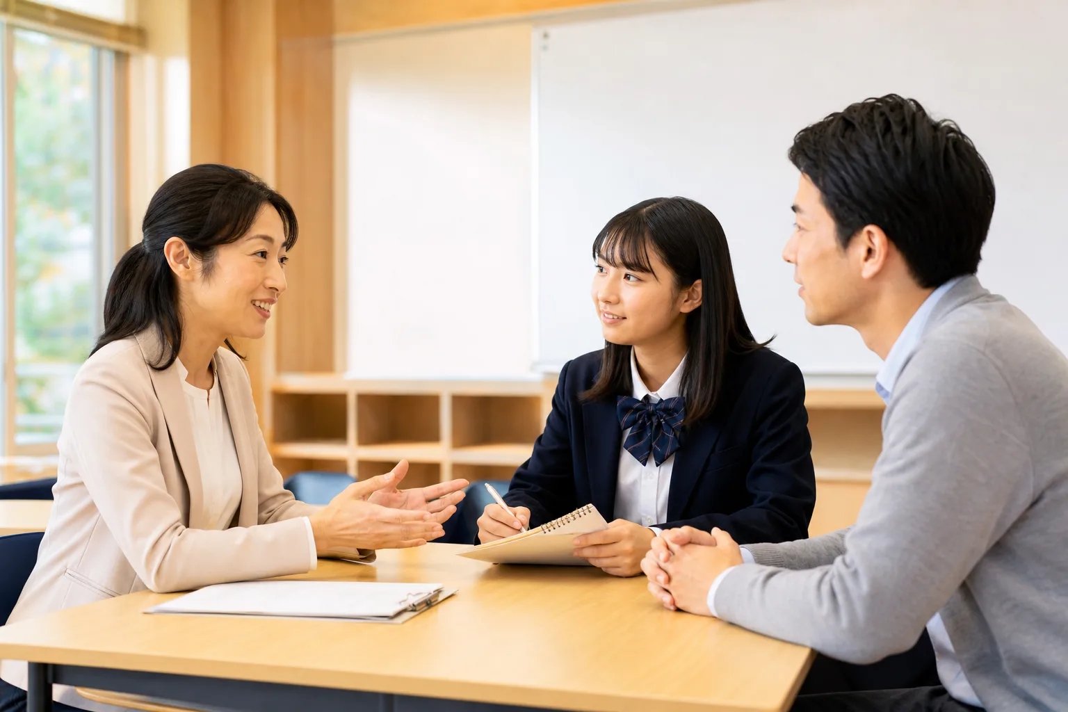 夜遅くに学習塾への問い合わせを送る保護者と、AIが即座に応答するイメージ