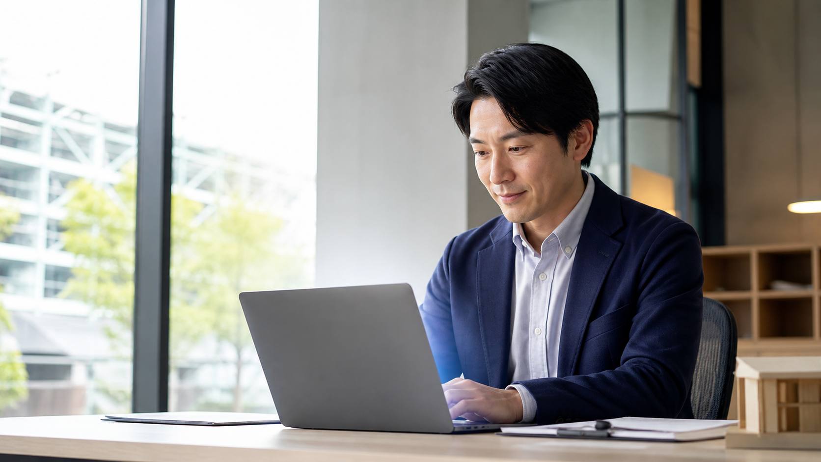 工務店の資料請求と見学予約の問い合わせをAIと営業で分担するイメージ
