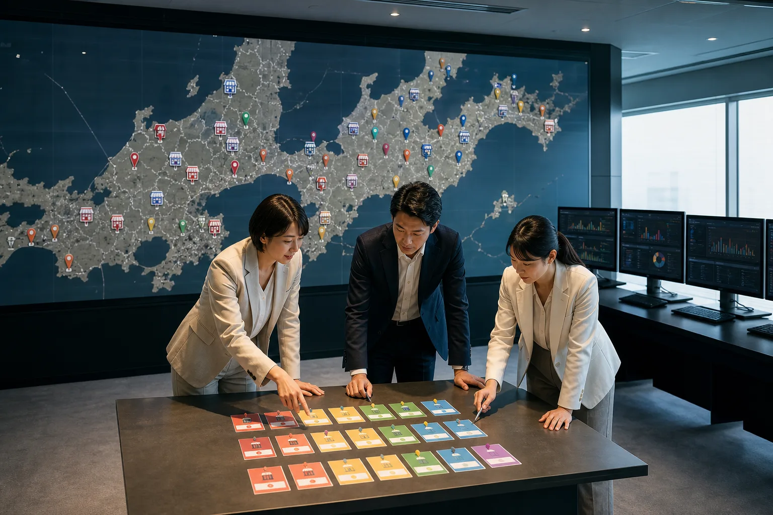 多拠点運用で各店舗が独立した AI チャットを持つイメージ